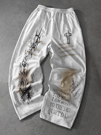 Pantaloni della tuta da uomo vintage consumati con stampa a croce individuale, stile streetwear ampio con coulisse