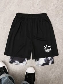 SHEIN 1 件装青少年男童图案抽绳腰网眼短裤，适合上学、春季穿着、青少年男童服装、青少年男童外套、春季返校季 - 黑色 - 查看 3