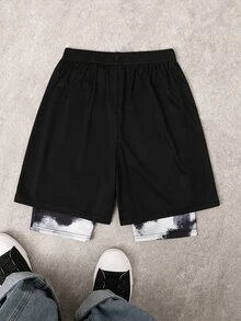 SHEIN 1 件装青少年男童图案抽绳腰网眼短裤，适合上学、春季穿着、青少年男童服装、青少年男童外套、春季返校季 - 黑色 - 查看 2