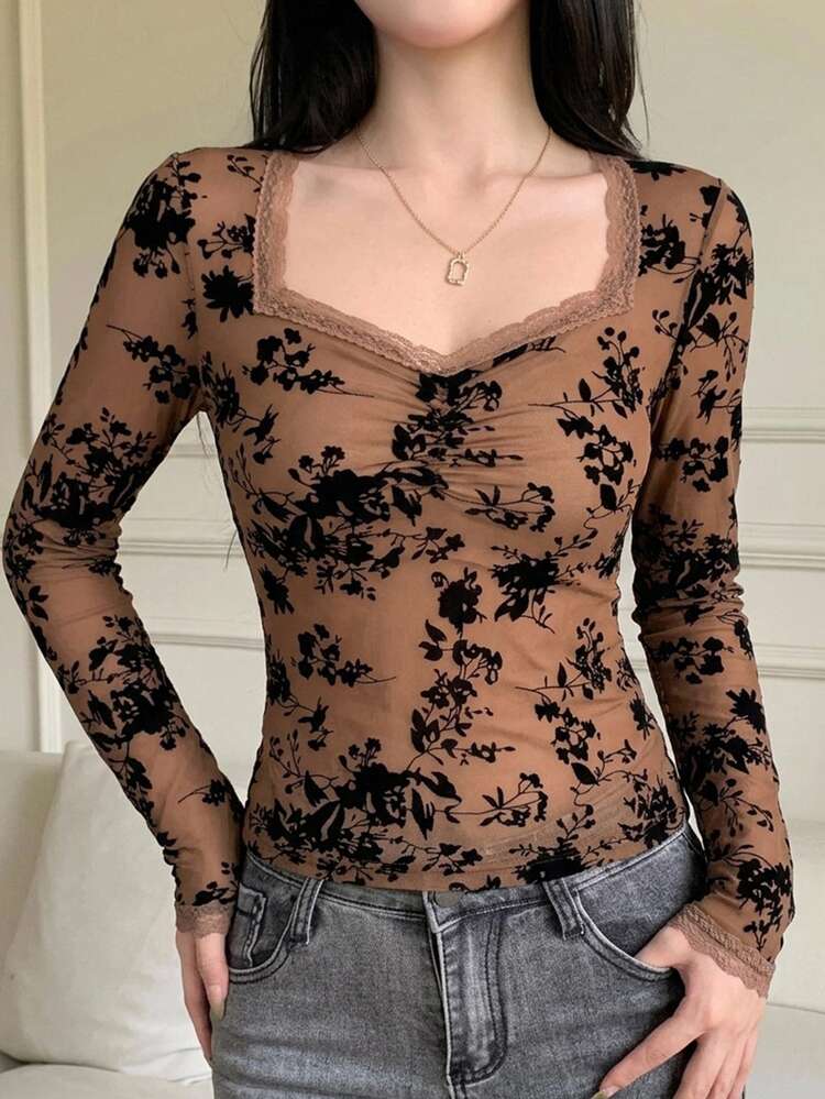 DAZY Autumn Spring Summer 2 In 1 Drawstring Tie Cami Vacation Slim Fit Flocked All-Over Plant Ditsy Floral Cropped Top Mesh Long Sleeve T-Shirt For Women - Brown - View 5