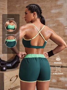 Powerista Women's Colorblock Bra And Shorts Sports Set Green Yellow Running Fitness Workout Casual Fashion Summer Autumn Gym Breathable Going Out Backless - Green - View 2