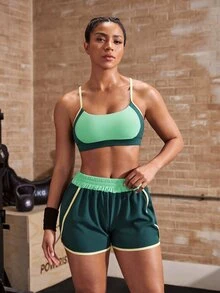 Powerista Women's Colorblock Bra And Shorts Sports Set Green Yellow Running Fitness Workout Casual Fashion Summer Autumn Gym Breathable Going Out Backless - Green - View 7