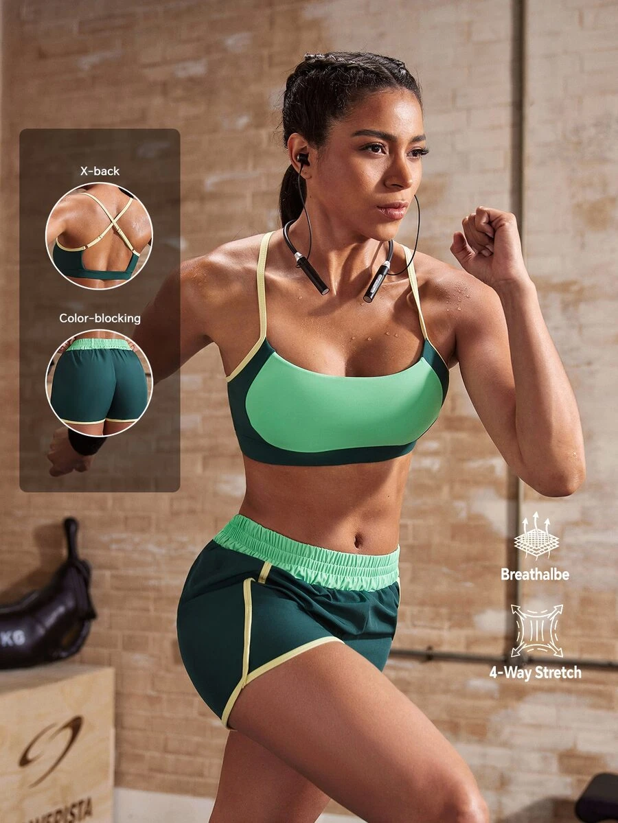 Powerista Women's Colorblock Bra And Shorts Sports Set Green Yellow Running Fitness Workout Casual Fashion Summer Autumn Gym Breathable Going Out Backless - Green - View 1