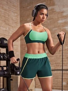 Powerista Women's Colorblock Bra And Shorts Sports Set Green Yellow Running Fitness Workout Casual Fashion Summer Autumn Gym Breathable Going Out Backless - Green - View 4