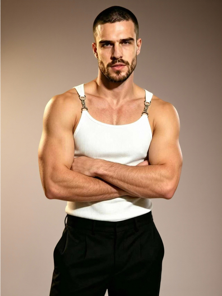Manfinity Dauomo Men's Summer Fashion Round Neck Slim Fit Metal Decor Tank Top - White - View 3