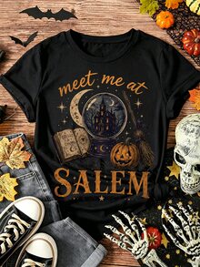 SHEIN LUNE Meet Me In Salem T恤、萬聖節女巫T恤、水晶球女巫T恤、陰森塞勒姆T恤、萬聖節女巫愛好者禮物 - 黑色 - 查看 3
