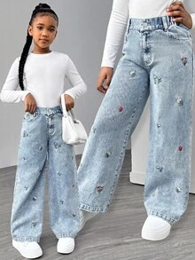 SHEIN Tween Girl Casual Jeans With Front Buttons, Pockets & Floral Embroidery - Medium Wash - View 1