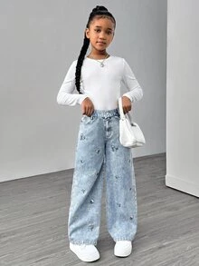 SHEIN Tween Girl Casual Jeans With Front Buttons, Pockets & Floral Embroidery - Medium Wash - View 3