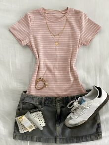 Dazy Kids 女童短袖紋理鏤空領口T恤 - 米色 - 查看 2