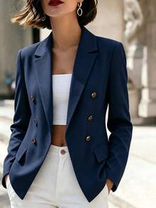 SHEIN Classic Solid Color Double-Breasted Casual & Commute Blazer Fall Cloth For Women - Navy Blue - View 7