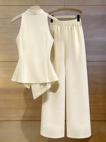 Franclia Sleeveless Waist Cinched Pleated Metal Buckle Top With Asymmetric Hem, 2 Pieces Set For Women - Apricot - View 2