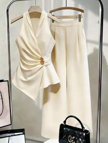 Franclia Sleeveless Waist Cinched Pleated Metal Buckle Top With Asymmetric Hem, 2 Pieces Set For Women - Apricot - View 3