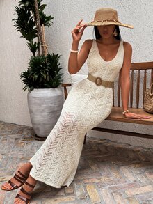 EURMUSE Holiday Solid Color Hollow Out Knitted Fish Tail Long Sweater Dress - Beige - View 8