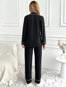 EURMUSE Tall طقم بيجامة منزلية للنساء مقاس كبير 100% قطن مع تفاصيل تجميع - الأسود - مشاهدة 2