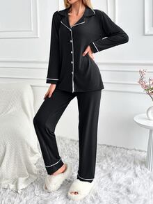 EURMUSE Tall طقم بيجامة منزلية للنساء مقاس كبير 100% قطن مع تفاصيل تجميع - الأسود - مشاهدة 3