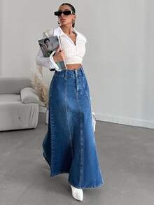 EURMUSE High Waist Denim Skirt - Blue - View 3