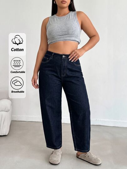 SHEIN Plus High Waist Regular Fit Casual Style Button Front Navy Blue Raw Wash Mom Jean Summer