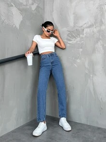 EURMUSE Solid Color Straight Leg Jeans - Medium Wash - View 7