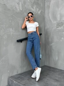 EURMUSE Solid Color Straight Leg Jeans - Medium Wash - View 5