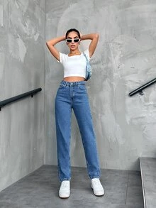 EURMUSE Solid Color Straight Leg Jeans - Medium Wash - View 6