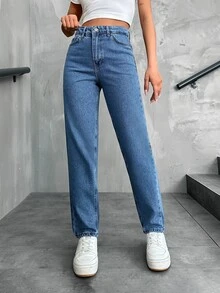 EURMUSE Solid Color Straight Leg Jeans - Medium Wash - View 4