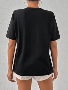 Cottnline T-Shirt With Flower Embroidery At Shoulder, Round Collar - Black - View 2