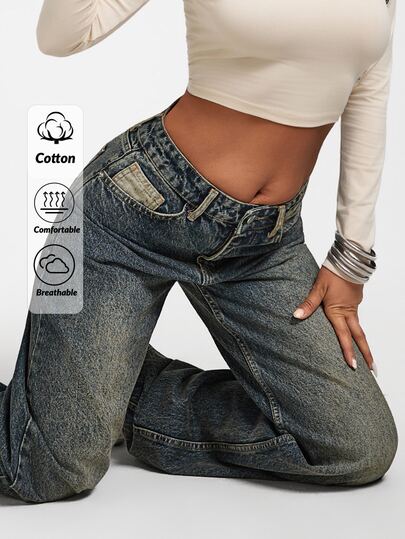 SHEIN Tall Blugi baggy pentru femei, talie joasă, stil casual Street 2000s, din denim, croială dreaptă, oversized, largi, cu picior larg, albastru gri, pentru ieșiri de seară, vară