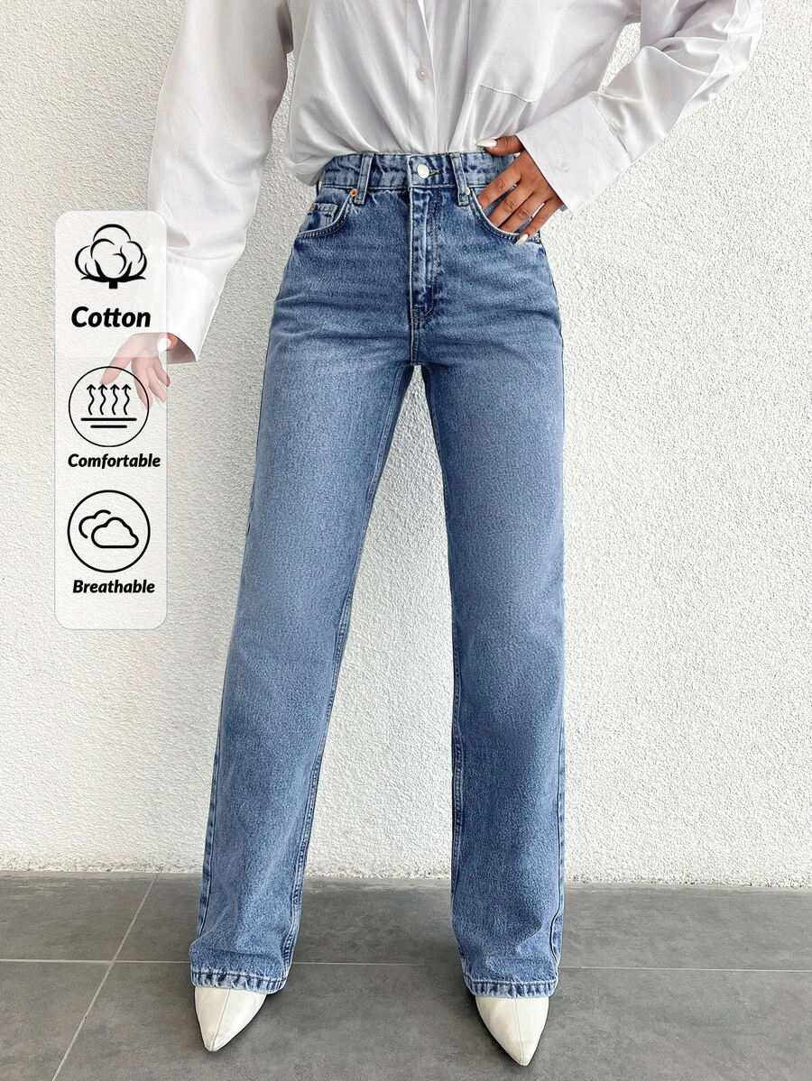 EURMUSE 100%Cotton Ladies' Zip Fly Front Jeans - Medium Wash - View 1