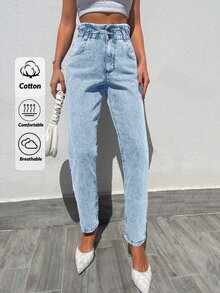 EURMUSE 100%Cotton Paperbag Waist Mom Fit Jeans - Blue - View 2