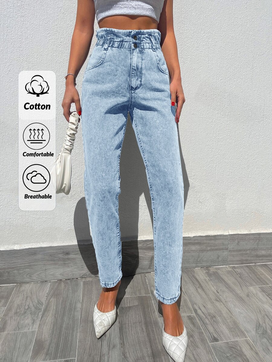 EURMUSE 100%Cotton Paperbag Waist Mom Fit Jeans