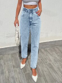 EURMUSE 100%Cotton Paperbag Waist Mom Fit Jeans - Blue - View 5