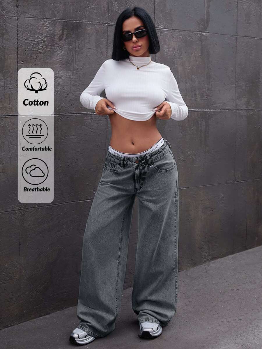 EURMUSE LOW RISE WIDELEG JEAN WITH BOW DETAILS Night Out Grey Summer Casual - Grey - View 1
