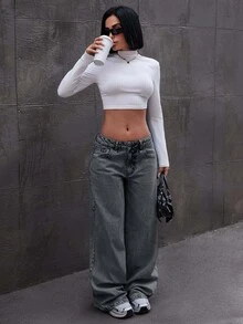 EURMUSE LOW RISE WIDELEG JEAN WITH BOW DETAILS Night Out Grey Summer Casual - Grey - View 5