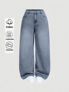 EURMUSE Plus Size Women's Solid Color Pocket Casual Versatile Wide Leg Jeans - Baby Blue - View 1