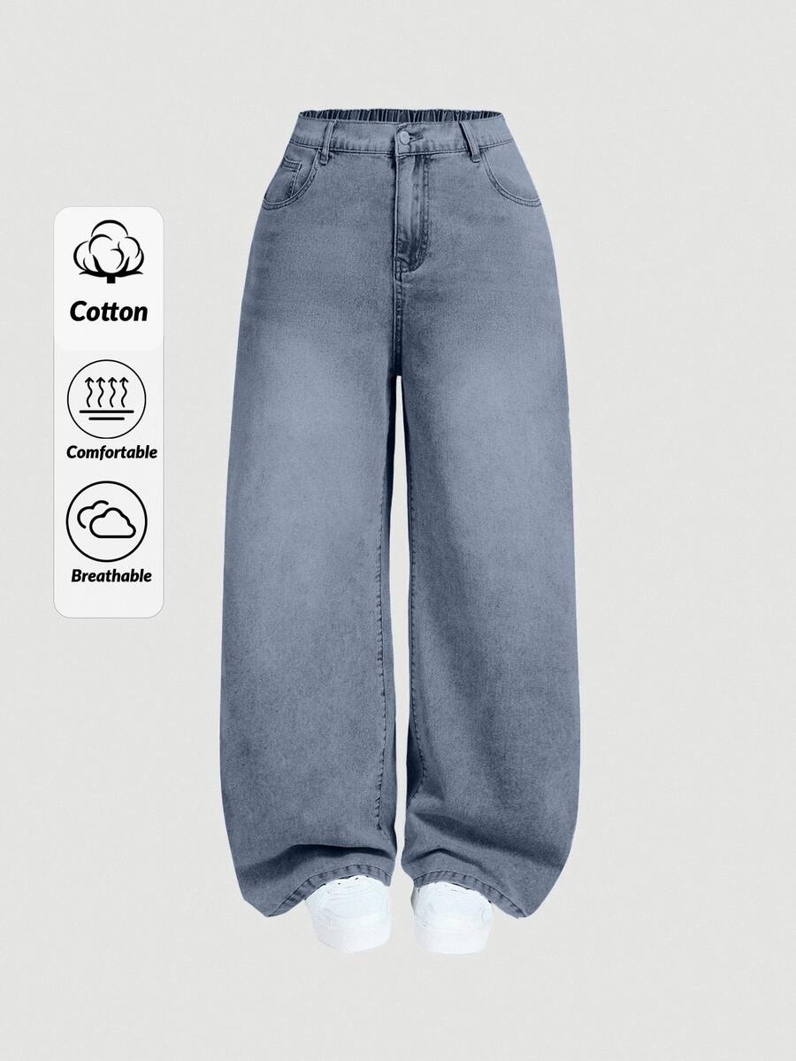 EURMUSE Plus Size Women's Solid Color Pocket Casual Versatile Wide Leg Jeans - Baby Blue - View 1