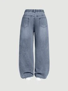 EURMUSE Plus Size Women's Solid Color Pocket Casual Versatile Wide Leg Jeans - Baby Blue - View 2