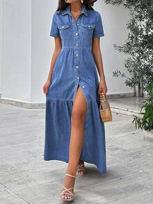 EURMUSE Women'S Denim Shirt Dress With Ruffled Hem - Light Wash - View 7