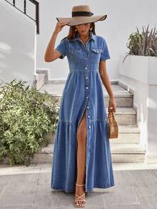 EURMUSE Women'S Denim Shirt Dress With Ruffled Hem - Light Wash - View 5