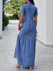 EURMUSE Women'S Denim Shirt Dress With Ruffled Hem - Light Wash - View 3