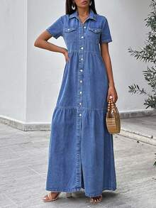 EURMUSE Women'S Denim Shirt Dress With Ruffled Hem - Light Wash - View 6