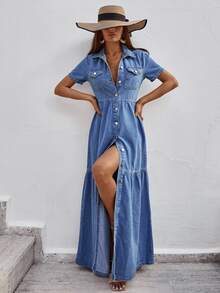 EURMUSE Women'S Denim Shirt Dress With Ruffled Hem - Light Wash - View 4