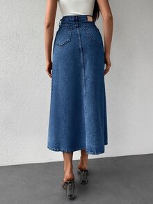 EURMUSE Letter Patched Denim Skirt - Medium Wash - View 3