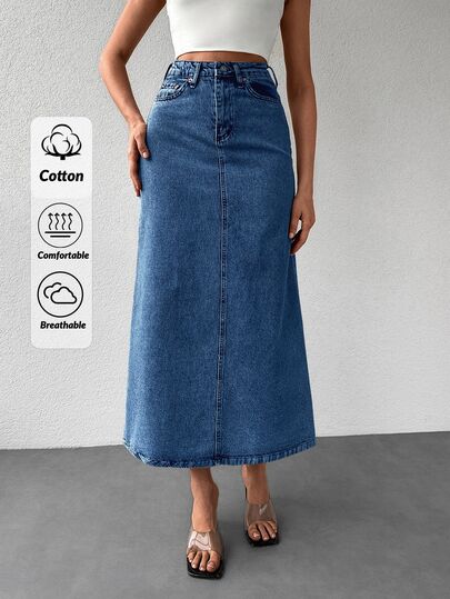 EURMUSE Letter Patched Denim Skirt