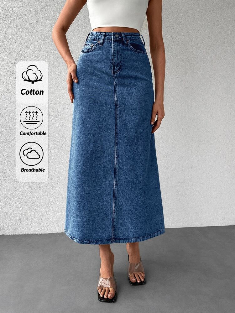 EURMUSE Letter Patched Denim Skirt - Medium Wash - View 1