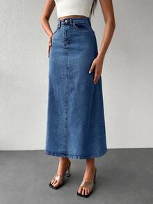 EURMUSE Letter Patched Denim Skirt - Medium Wash - View 6