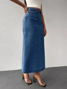 EURMUSE Letter Patched Denim Skirt - Medium Wash - View 4