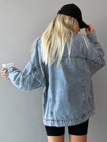 EURMUSE 100%Cotton Drop Shoulder Button Front Denim Coat - Baby Blue - View 3