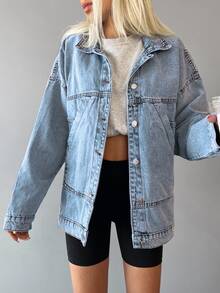 EURMUSE 100%Cotton Drop Shoulder Button Front Denim Coat - Baby Blue - View 7