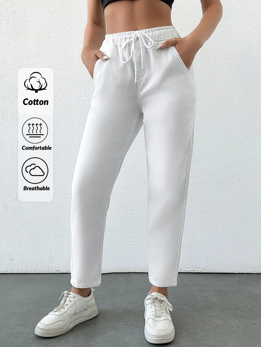 EURMUSE Women's Comfortable Drawstring Pocket Straight-Leg Jeans - White - View 1