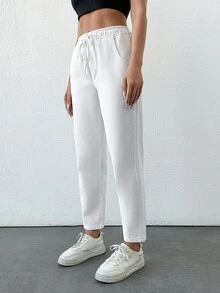 EURMUSE Women's Comfortable Drawstring Pocket Straight-Leg Jeans - White - View 5